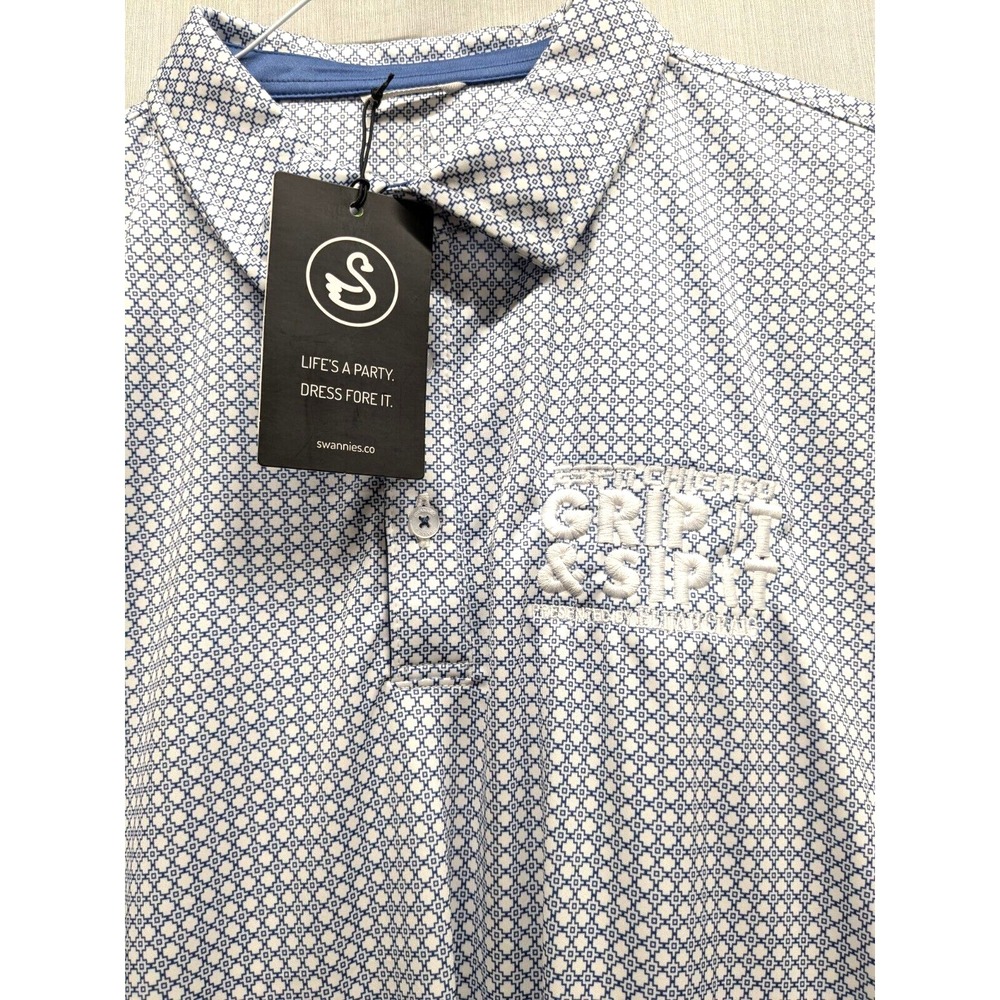 Swannies Golf Geometric Pattern Blue Men Sz: L Polo Shirt Ad Logos Stretch NWT
